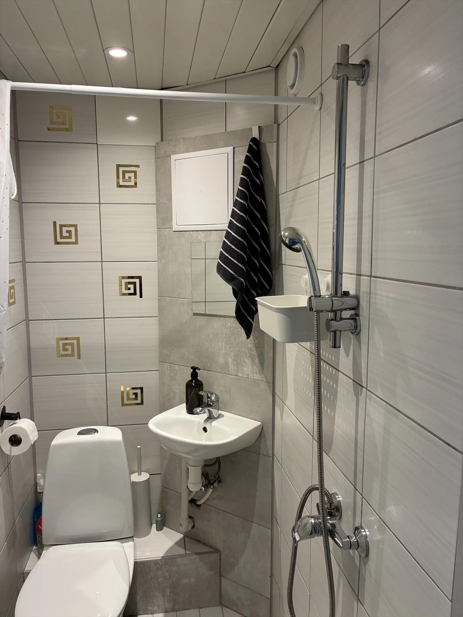 Bathroom with shower, basin and toilet at Malmi Studio.